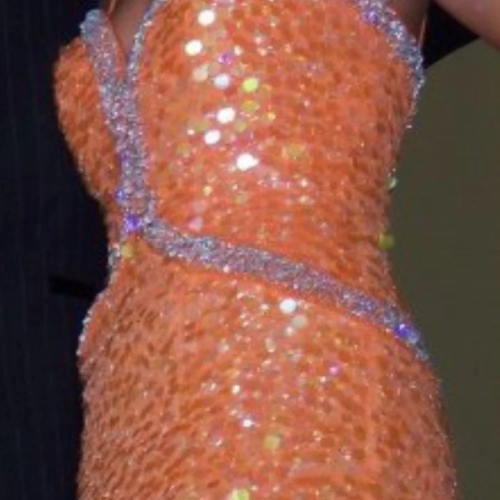 Beautiful beaded, coral prom, dress, fitted at waist, spaghetti straps. - Picture 8 of 9